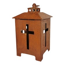 Grablaterne Rost 27cm mit Kreuz Metall Grablicht Grablampe Grabdeko Laterne