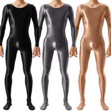 Herren Satin Wetlook Ganzanzug Langarm Bodysuit Overall Catsuit Body Strumpfhose