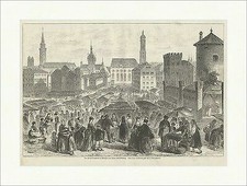 Victualienmarkt in München vor seiner Umwandlung Breitschwert Holzstich E 11179