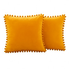 ❣️ 2 Kissen Set Deko Kissen mit Bommeln Samt 45 cm orange senfgelb gelb