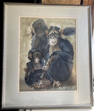 ::AQUARELL AFFEN ZOO TIERE MONOGRAMM S.C. 1984 °SCHIMPANSE RAHMEN TIERPARK