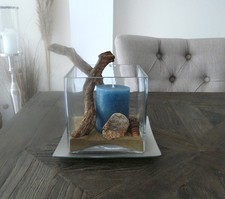 Stylisches Windlicht transparent Glas eckig blau / braun HxBxT  15x15x15 cm