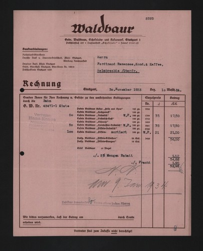 Stuttgart rechnung 1933 - stuttgart,,