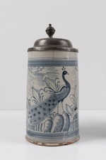 Bayreuther Fayence-Walzenkrug Pfauendekor B P Pfeiffer 1760er Zinnmontur 23cm