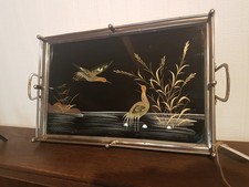 Altes Tablett Retro Hinterglasbild  Hinterglasmalerei Vögel  Requisite 205M