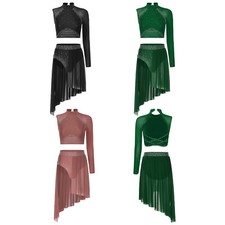 Damen Tanzbekleidung Wettbewerb Outfit 2Stück Kostüm Eine Schulter Party Shows