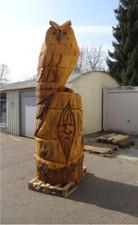 Eule Uhu Gartenfigur Holz Kettensägekunst Kastanienstamm Skulptur, 3,20x 1,15 m