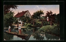 Brücke im Spreewald über einen Fluss mit Spreewaldkahn, Ansichtskarte 1925 