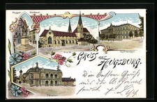 Lithographie Augsburg, Dom, Justizpalast, Fugger-Denkmal, Theater 1901 