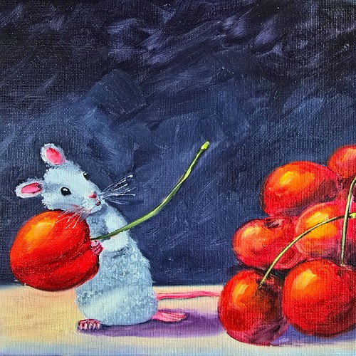 Maus kirschen ölbild 20x20 - maus,