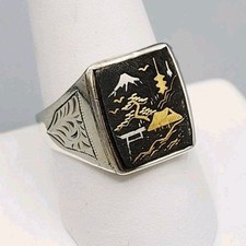 Japanischer Shakudo Sterlingsilber 24K Gold Inlay Ring 10 seltene Damaszener Siegelring