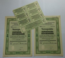 2 Aktien a' 1000 RM & 6 Gewinnanteilsscheine Oberschlesische Hydrierwerke 1942