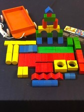 Heros Holzwagen, altes Kinderspielzeug, inkl. Baufix Bausteinen Sammlerobjekt