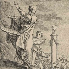 Bibel Mose Zehn Gebote Tanz Goldenes Kalb unsigniert Kupferstich frühes 19 Jhd