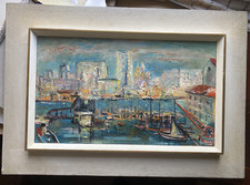 ::ÖLGEMÄLDE HÄUSE BOOTE HAFEN UFER ÖLGEMÄLDE °EXPRESSIONIST UNLESERLICH SIGNIERT