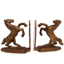 Buchstützen steigendes Pferd Messing gold 60s 2x Buchständer 13 cm Bücher Stütze