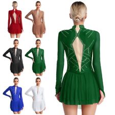 Damen Glänzendes Eiskunstlauf Kleider Langarm Rollschuhkleider Mesh Tanzkleider