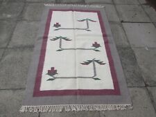 Vintage Traditionell Handgemacht Orientalisch Indisch Creme Grau Wolle Kelim