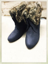 Jumex Schuhe Stiefelette Keilabsatz Kunstleder Velours dunkelblau Fellbesatz 36