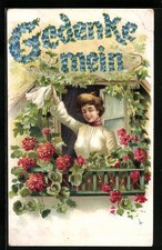 Präge-AK Gedenke mein, Frau winkt mit einem Taschentuch 1907 