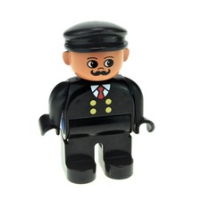 1x Lego Duplo Figur Mann schwarz Knöpfe gelb Mütze schwarz Lokführer 4555pb075