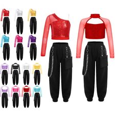 DE Mädchen Hip Hop Tanzkleidung Kinder Pailletten Tanzshirts mit Hosen Tanzanzug