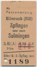 BRD Bahnfahrkarte 3. Kl Biberach (Riß) - Apfingen Sulmingen 1952 CH2405