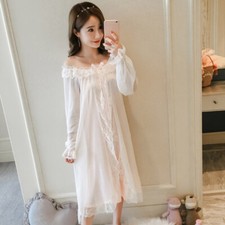Damen Dünn Spitze Pyjama Kleid Nachthemd Nachtwäsche Lang Arm Prinzessin Vintage