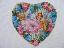 Glanzbild Oblate Poesiealbum Sammlung Kinder alt Baby Wiege Geburt Herz Blumen