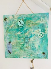 Bild 30x30cm Leinwand Collage Enkaustik "Für..gibt es eine Zeit"  grün 