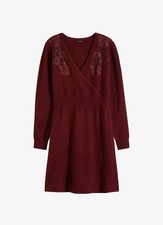 Strickkleid mit Spitze am Oberteil Gr. 36/38 Rubinrot Damen Mini-Kleid Neu*