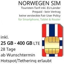 NORWEGEN SIM für Touristen und 25 GB - 400 GB LTE (28 Tage ab Wunschdatum)
