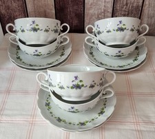 AK Kaiser Porzellan Romantica Viola 6x Suppentassen m.Teller Veilchen  Fütterer 