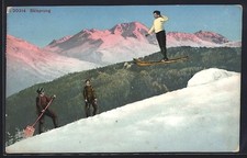 Ansichtskarte Skispringer beim Sprung mit zwei Zuschauern 1915 