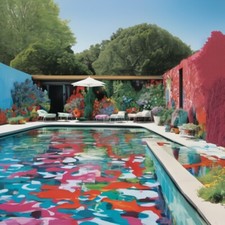 Crazy Garten 11 Architektur Gartenhaus Stilleben Landschaft Pool 95x95cm Pop Art