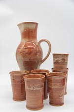 7tlg. Set Keramik- Saft- Wasser-Krug DDR Goldfuß Streifen Handarbeit Stachat