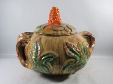 alter Bowletopf Bowleservice mit Traube & 6 Becher aus Steingut Art déco