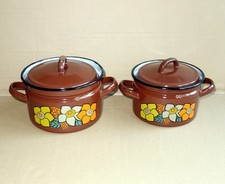 DDR Kochtopf Set 2 Töpfe Emaille mit Deckel braun Blumendekor Motiv - gut