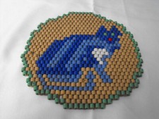 alter Glasperlenuntersetzer Glasperlen Deckchen, Katze, 17x18cm