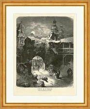 In der Christnacht H. Kruspe Weihnachten Winter Schnee Holzstich A 0651 Gerahmt