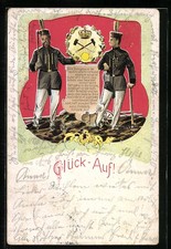 Lithographie Zwei Bergarbeiter im schwarzen Habit mit Spitzhacke und Lampe, Arb 