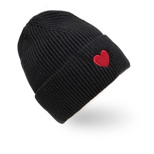 Damen Wintermütze gerippt mit Herz Motiv Strickmütze modische Beanie Mütze warm