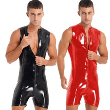 Herren Lackleder Sexy Einteiler Body Kurz Overalls Ärmellos Wetlook Unterwäsche