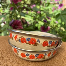 DDR Emaille Schüssel Set 2 Stück braun mit Mohnblumen 15,5 cm Durchmesser