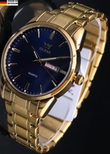OLEVS Herren Männer Armband Uhr Herrenuhr Blau Gold Farben & Tag/ Datumsanzeige