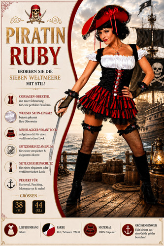 Piratin ruby damenkostüm - damenkostüm, rot