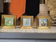 3x kleine Ölmalerei im Holz Bilderrahmen, Blumenstrauß Bild Im Vase, Blumen Bild