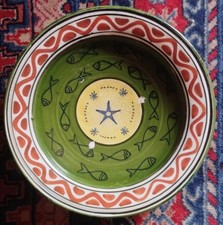 (1) Safi Schöner Teller glasiert aus Marokko Motiv Fische grün