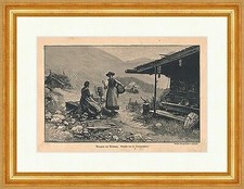 Morgens am Brunnen Holzstich