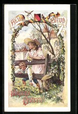 Künstler-AK Hermann Kaulbach: Heilsgruß, Fröhliche Ostern!, Kinder pflücken Blu 